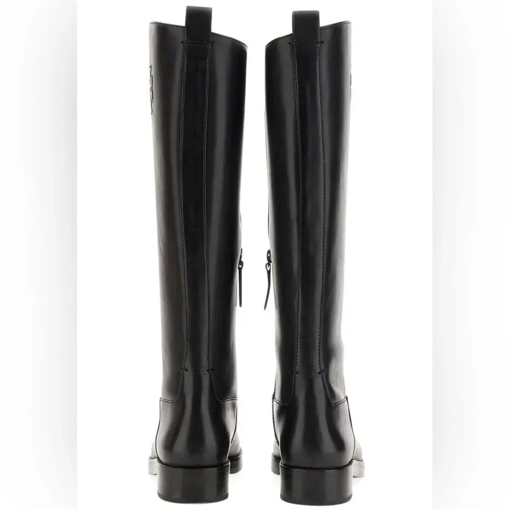 Tory Burch | Tory Burch Logo Embossed Riding Boots in Black | 6.5 M